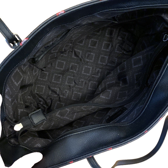 Nine West Large Tote Bag Purse Black w/ Red Pink Floral Geo Faux Leather Zip Top - Picture 9 of 10